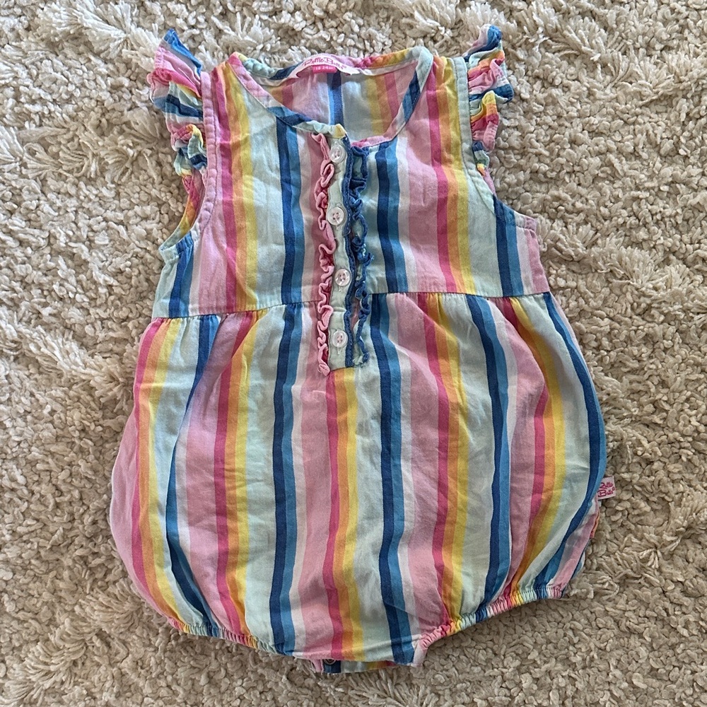 Ruffle Butts Blue and Pink Striped Romper
